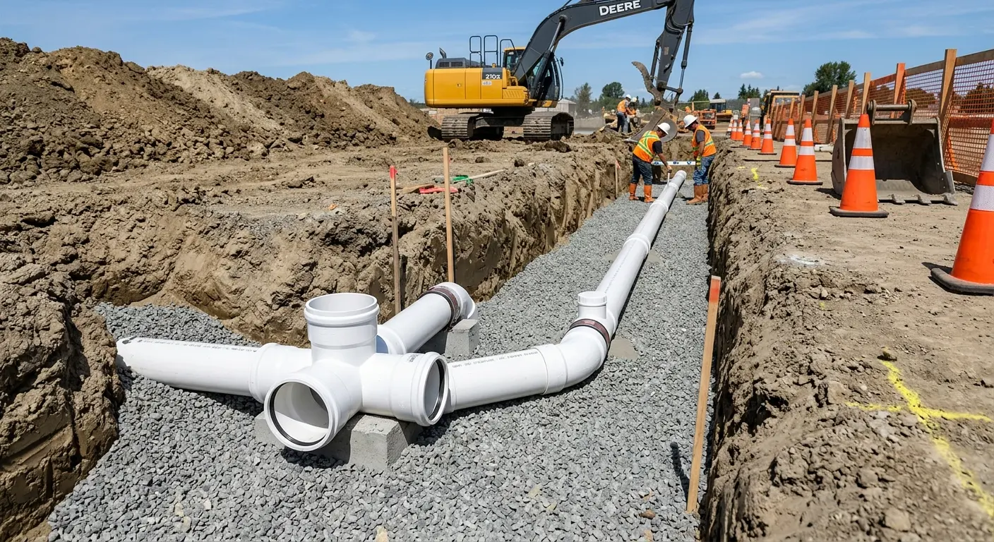 New PVC sewer pipe installation in open trench for Commercial Drain Cleaning in Pensacola Station